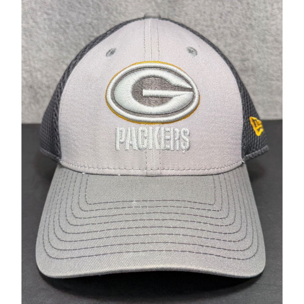 New Era Hat Men Large-XLarge Grey Green Bay Packers NFL 39THIRTY Mesh Stretch